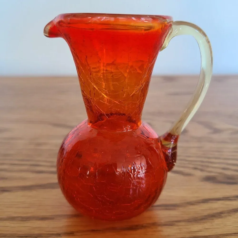 Mini Crackle Glass Pitcher Boho Shabby Chic Window Tabletop Dresser Mini Vase